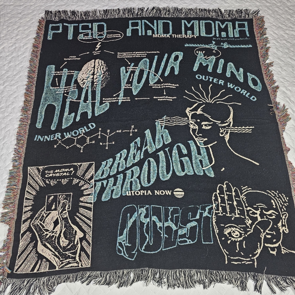 MDMA THERAPY WOVEN BLANKET Black Teal White 50×56